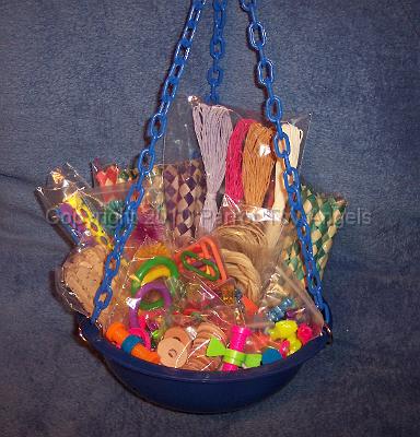 bowl1.jpg - 8-1/2" Hanging Play Area Stuffed Full 'o' Toy Making Supplies - Small/Med Birds